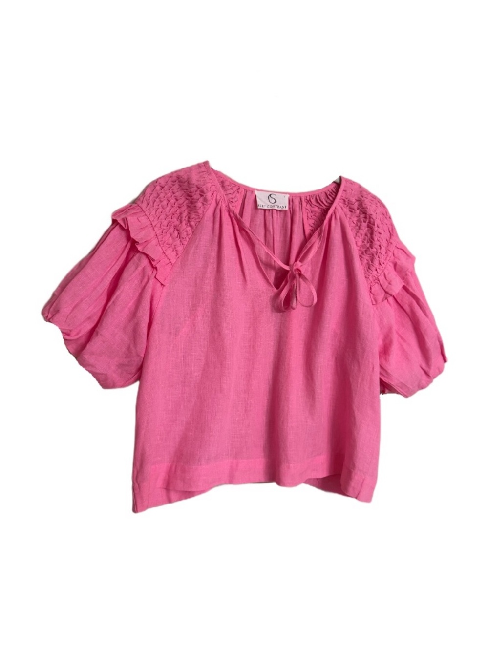 Anthropologie Self Contrast Pink 100% Linen Ruffle Puff Sleeve Blouse Top Medium